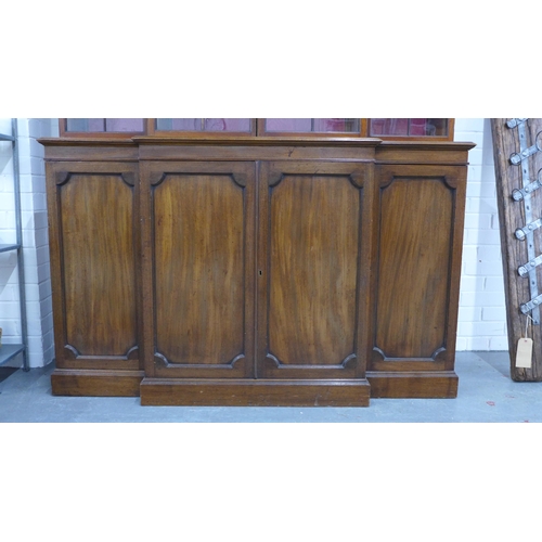 201 - Mahogany breakfront bookcase cabinet with four glazed doors over four panelled doors, plinth base,  ... 