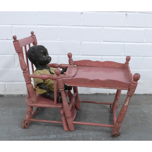 205 - Vintage pink painted wooden doll's chair, 62cm high, with small doll (2)