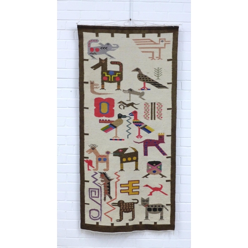 213 - South American style woven wall hanging depicting animals, 160 x 78cm