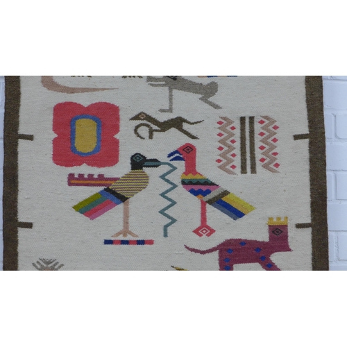 213 - South American style woven wall hanging depicting animals, 160 x 78cm