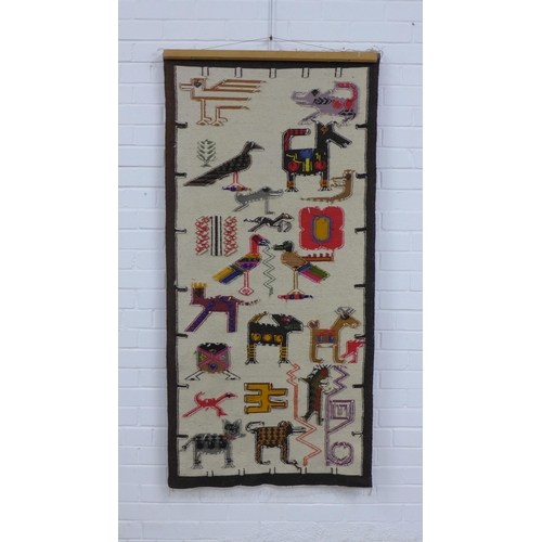 213 - South American style woven wall hanging depicting animals, 160 x 78cm