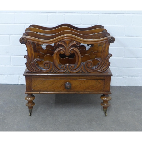 219 - 19th century rosewood Canterbury, with carved scrolls and three divisions, long drawer to the base, ... 