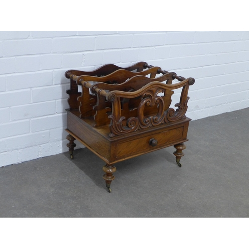 219 - 19th century rosewood Canterbury, with carved scrolls and three divisions, long drawer to the base, ... 