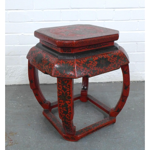 227 - Chinoiserie red and black painted jardinière stand, 42 x 48cm.