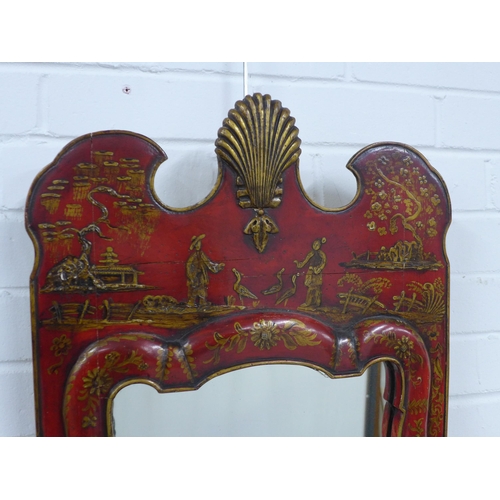 228 - Georgian style red lacquered and parcel gilt wall mirror in the chinoiserie manner, 43 x 77cm.