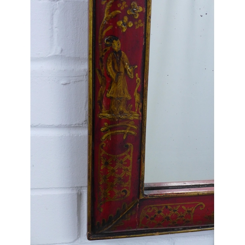 228 - Georgian style red lacquered and parcel gilt wall mirror in the chinoiserie manner, 43 x 77cm.