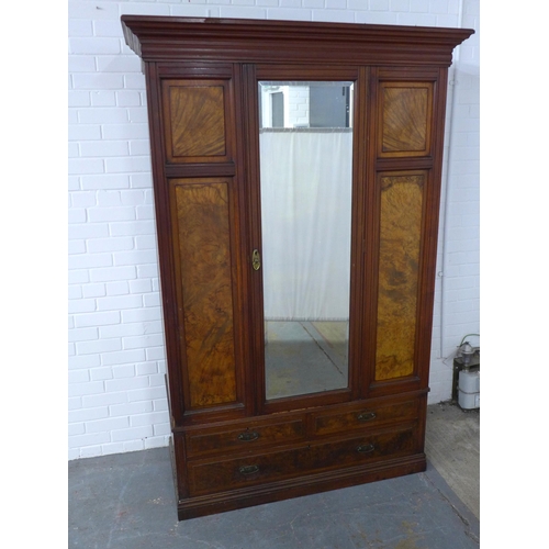 230 - Mahogany and burr walnut mirror door wardrobe, 136 x 208 x 60cm.