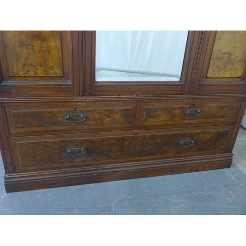 230 - Mahogany and burr walnut mirror door wardrobe, 136 x 208 x 60cm.