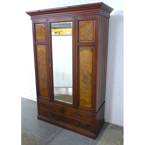 230 - Mahogany and burr walnut mirror door wardrobe, 136 x 208 x 60cm.