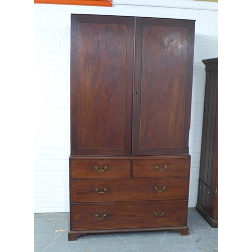 231 - Georgian mahogany linen press / Gents tray wardrobe, likely scottish (A/F cornice lacking, one shelf... 