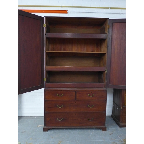 231 - Georgian mahogany linen press / Gents tray wardrobe, likely scottish (A/F cornice lacking, one shelf... 