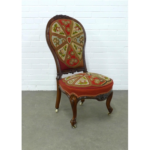 236 - Victorian carved walnut showframe chair with tapestry  needle work upholstery,  ceramic castors 51 x... 