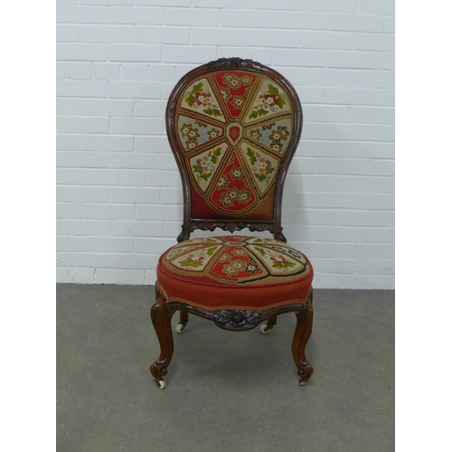 236 - Victorian carved walnut showframe chair with tapestry  needle work upholstery,  ceramic castors 51 x... 