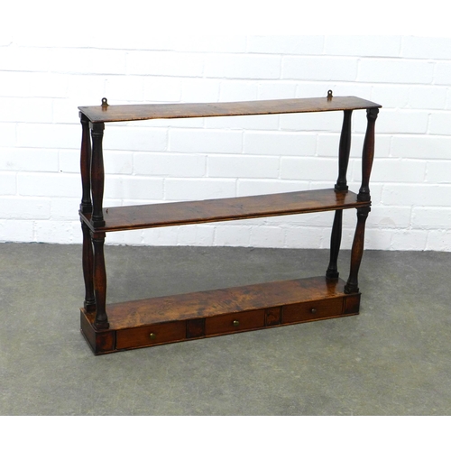 239 - 19th century mahogany wall hanging shelf with three short drawers, 73 x 56 x 14cm.