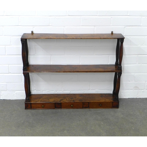 239 - 19th century mahogany wall hanging shelf with three short drawers, 73 x 56 x 14cm.