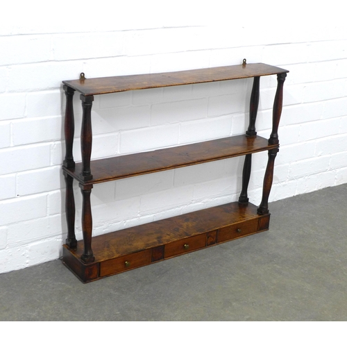 239 - 19th century mahogany wall hanging shelf with three short drawers, 73 x 56 x 14cm.