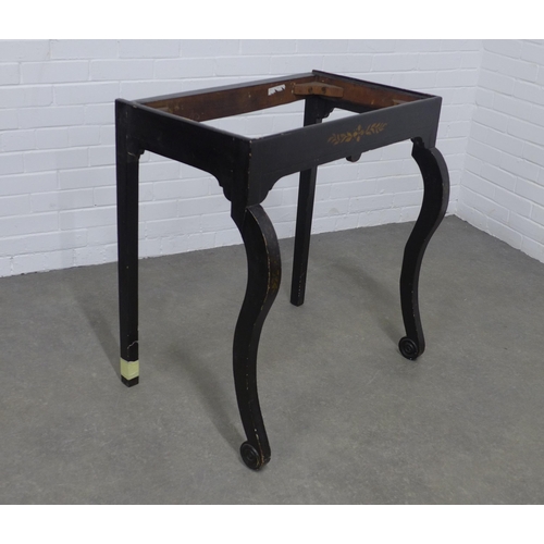 294 - An ebonised console table stand, (a/f top lacking & repair to back leg) 76 x 80 x 52cm.