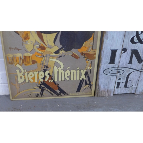 301 - Bieres Phenix wooden sign together with another wooden sign, 35 x 118cm. (2)