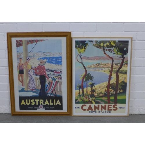 302 - Reproduction travel posters to include Cannes, Cote D'Azur and Australia , framed under glass,  56 x... 