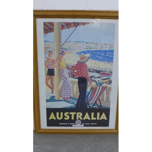 302 - Reproduction travel posters to include Cannes, Cote D'Azur and Australia , framed under glass,  56 x... 