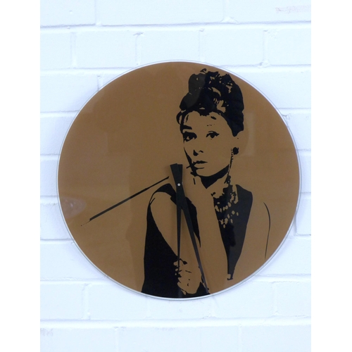 303 - Breakfast at Tiffany's, Audrey Hepburn glass clock, 43cm.