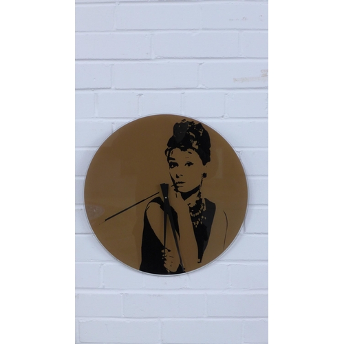 303 - Breakfast at Tiffany's, Audrey Hepburn glass clock, 43cm.