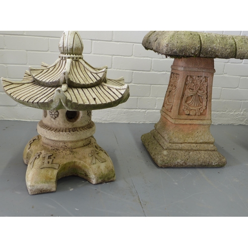 319 - Garden ornaments to include a toadstool, pagoda and table,  37 x 52cm. (3)