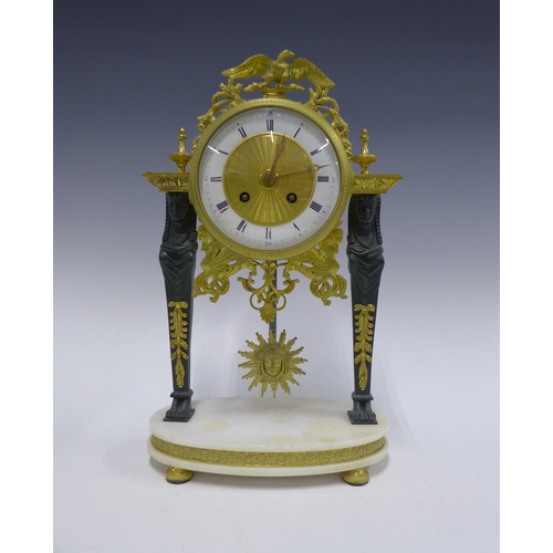 335 - French gilt brass and white hardstone Portico mantle clock, movement stamped Rack, France, 37cm