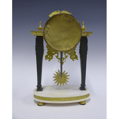 335 - French gilt brass and white hardstone Portico mantle clock, movement stamped Rack, France, 37cm