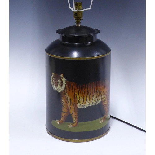 336 - Contemporary black toile table lamp base with tiger pattern, 35cm excluding fitting