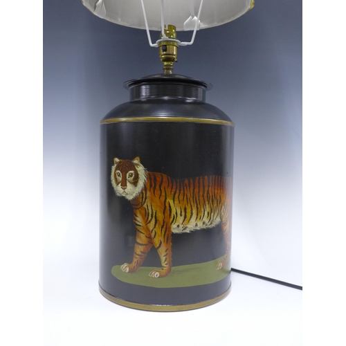 336 - Contemporary black toile table lamp base with tiger pattern, 35cm excluding fitting