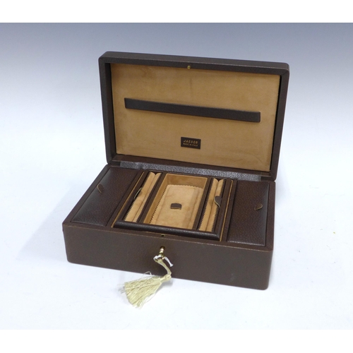 340 - Jaeger brown leather jewellery box, with key, 26cm