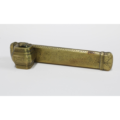 344 - Damascus 1919 brass Divid / travelling pen scribe box, 20cm