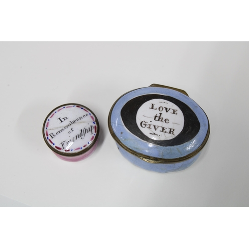 376 - 'Love the Giver' & 'In Remembrance of Friendship', 2 18th century enamel patch boxes together with a... 