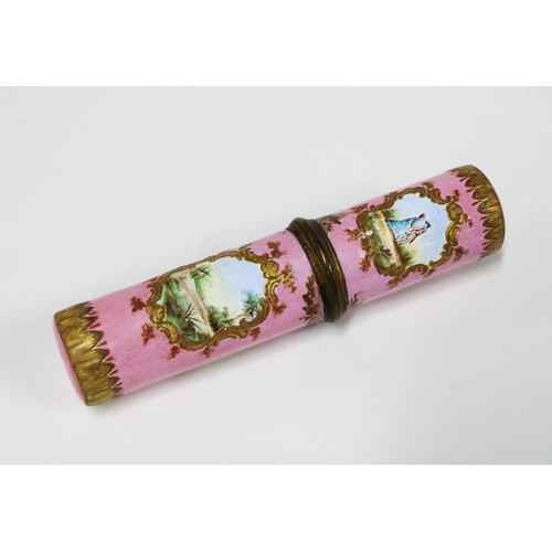 377 - 19th century pink enamel and gilt metal needle or bobbin case, likely French, with panels of courtin... 