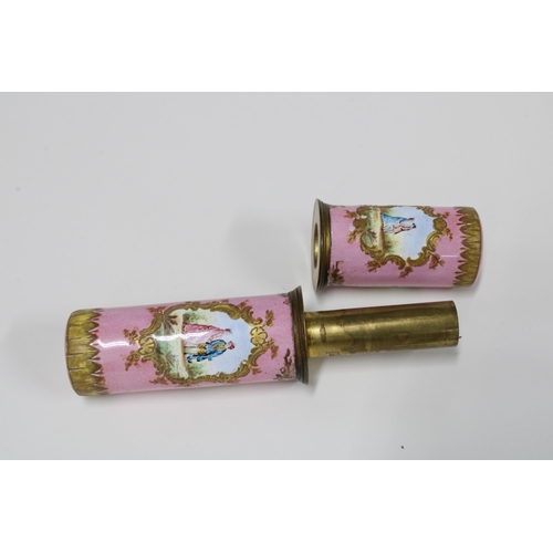 377 - 19th century pink enamel and gilt metal needle or bobbin case, likely French, with panels of courtin... 