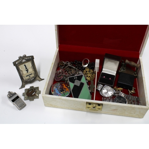 382 - Vintage jewellery box and contents to include a perpetual desk calendar, Acme Thunderer whistle, cap... 