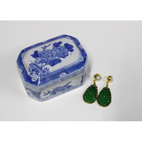 384 - A pair of faux jade earrings and a small blue and white trinket box