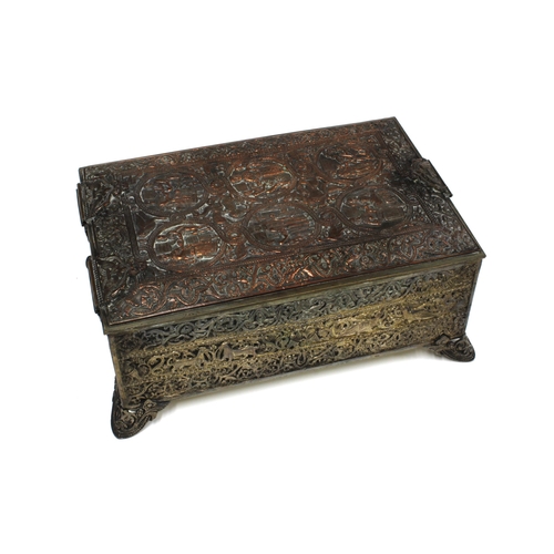 385 - French silver plate on copper casket with hinged lid and void interior, elaborate pattern all around... 