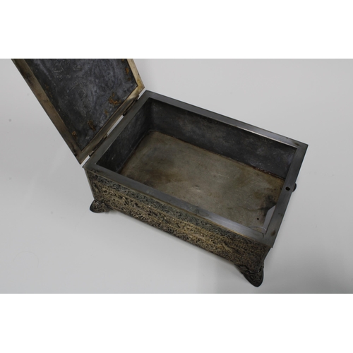 385 - French silver plate on copper casket with hinged lid and void interior, elaborate pattern all around... 