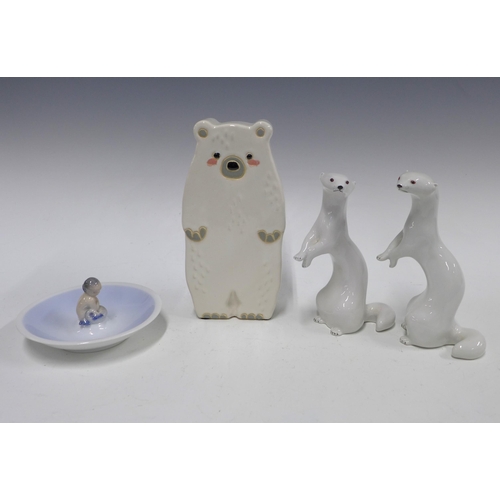 391 - Two Lomonosov USSR ermine / stoat, a Royal Copenhagen mermaid dish and pottery model bear 23cm,  (4)