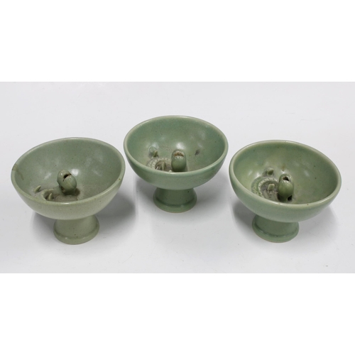 393 - Three Chinese celadon glazed serpent stem cups, (3) 13 x 9.5cm.