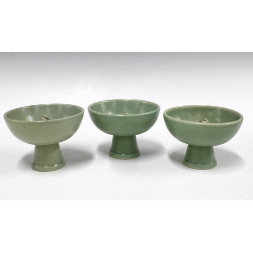 393 - Three Chinese celadon glazed serpent stem cups, (3) 13 x 9.5cm.