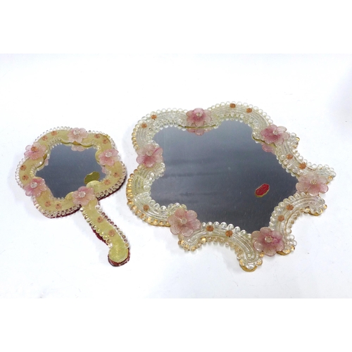 401 - Venetian glass mirror and a  smaller Venetian glass hand mirror, floral borders,  larger 36 x 32cm (... 