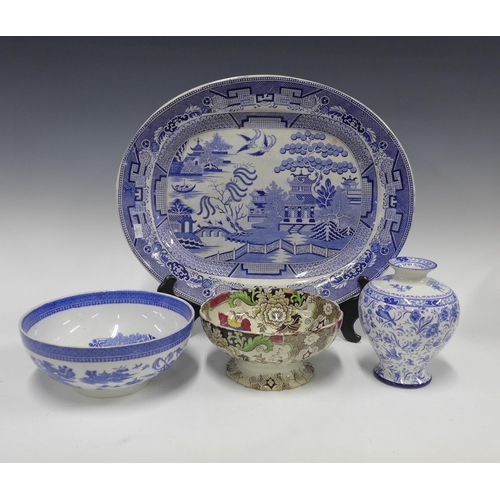 406 - Staffordshire transfer printed Willow pattern ashet, 47 x 38cm, together with a Willow pattern bowl,... 