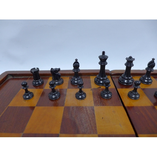 411 - Two chess sets with folding chess boards, one with backgammon markings on the reverse, 48 x 38cm ope... 