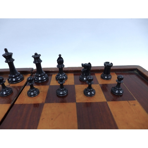 411 - Two chess sets with folding chess boards, one with backgammon markings on the reverse, 48 x 38cm ope... 