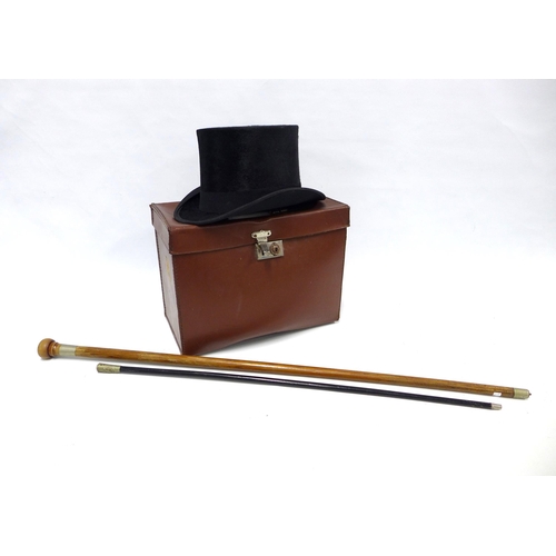 412 - Kirsop & Son, Glasgow top hat in carry case, together with a walking stick and a swagger stick. Top ... 