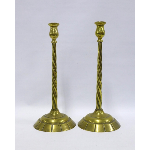 414 - Pair of tall brass spiral stem candlesticks, 44cm (2)