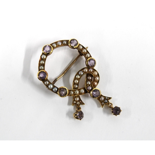 50 - Late 19th / early 20th century amethyst and pearl brooch, set in unmarked yellow metal, approx 4.5cm... 